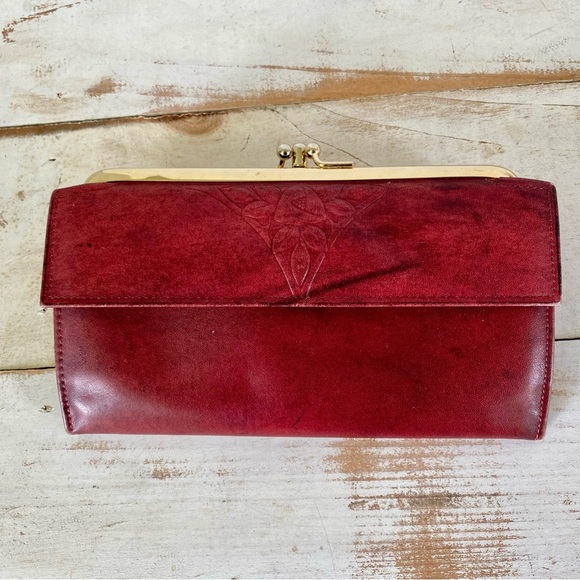ROLFS vintage red leather wallet coin purse cowhide embossed flower clutch - Picture 1 of 16